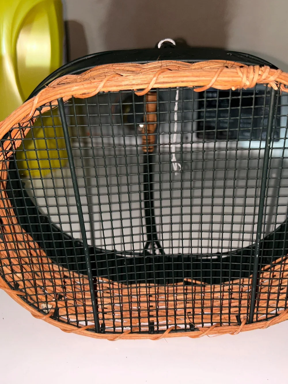 vintage oval gathering basket with a dark green metal frame.